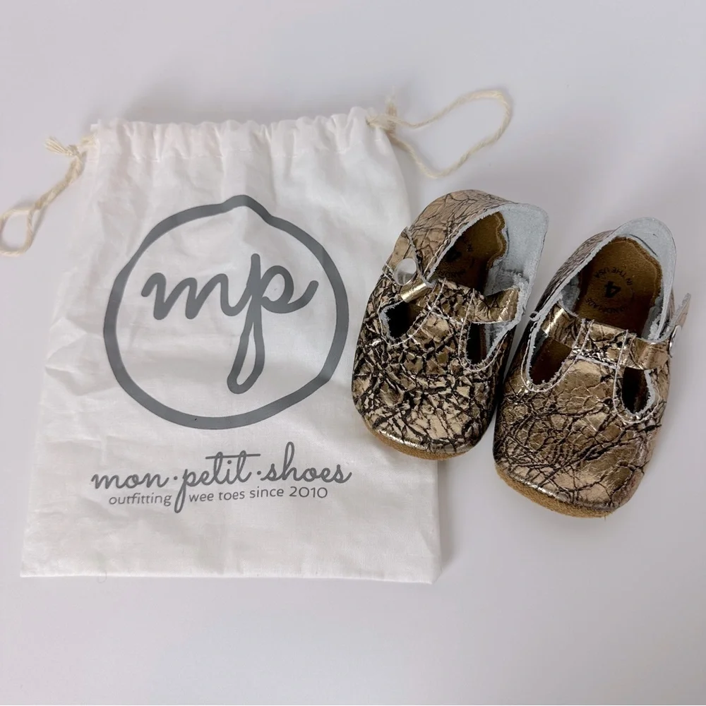 ANTIQUE GOLD Mon Petit Shoes Size 4 MP Soft Sole Toddler‎ T-Straps